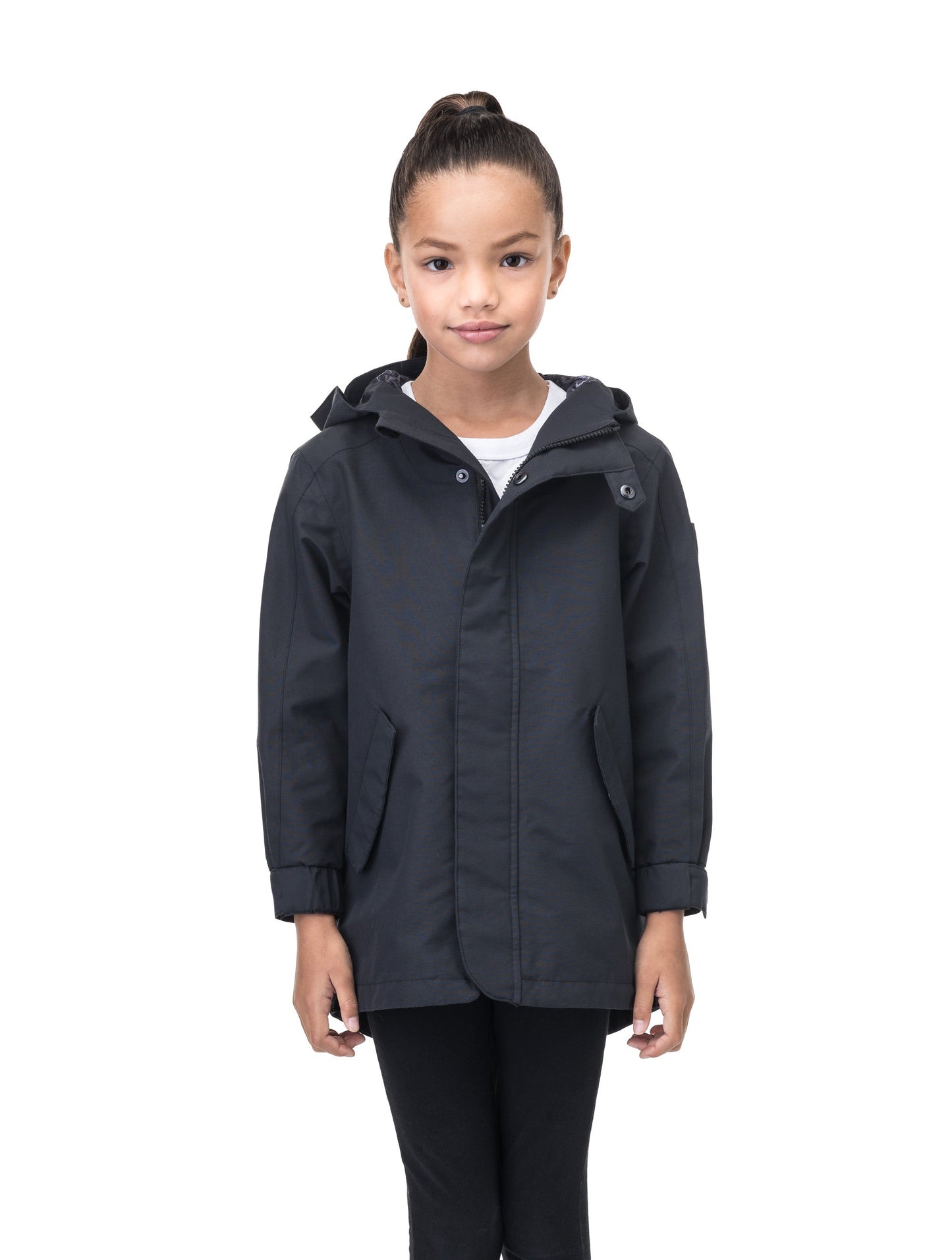 Kids' hip length raincoat with hood in Black