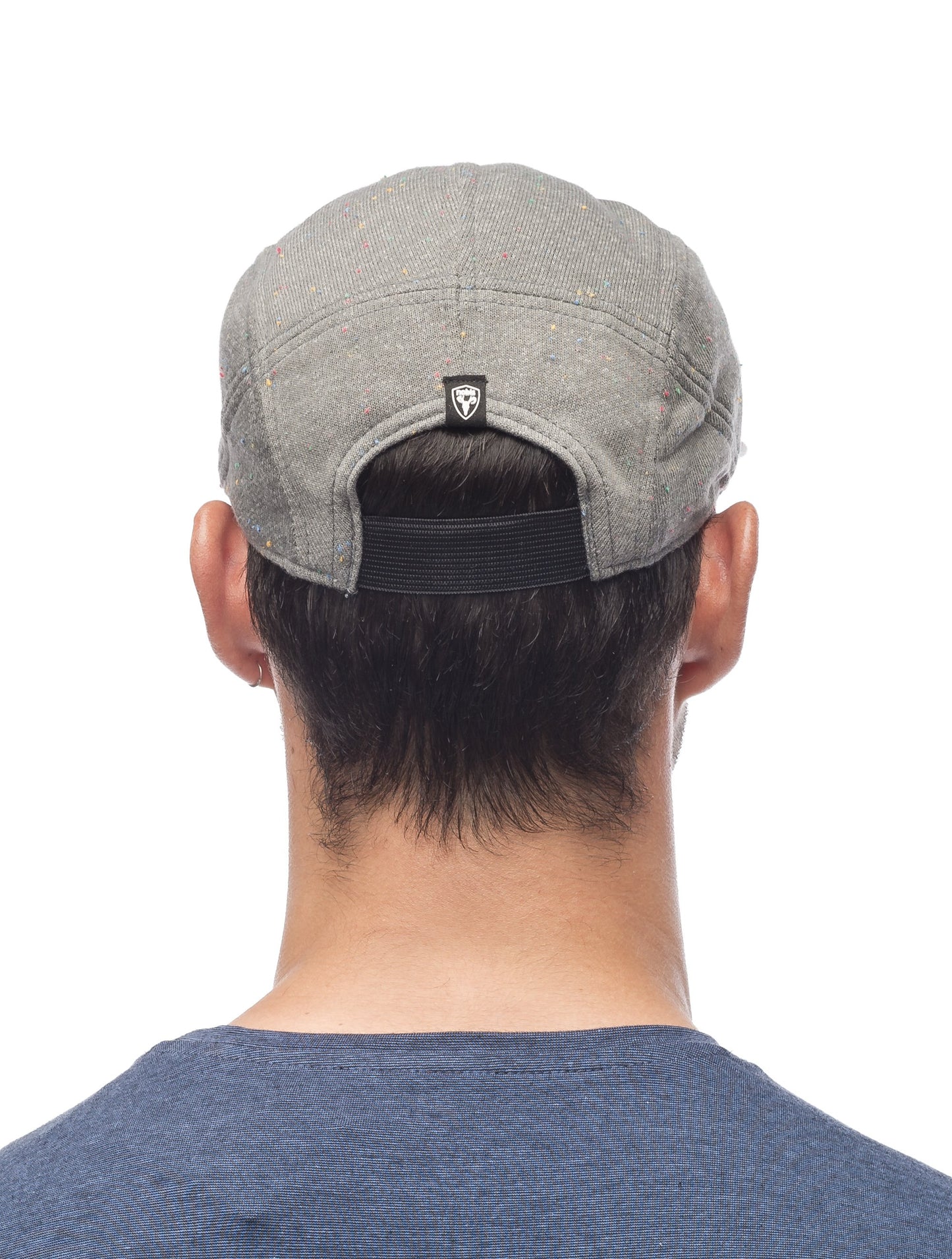 Unisex camp hat with metal plate branding on crown side in H. Charcoal