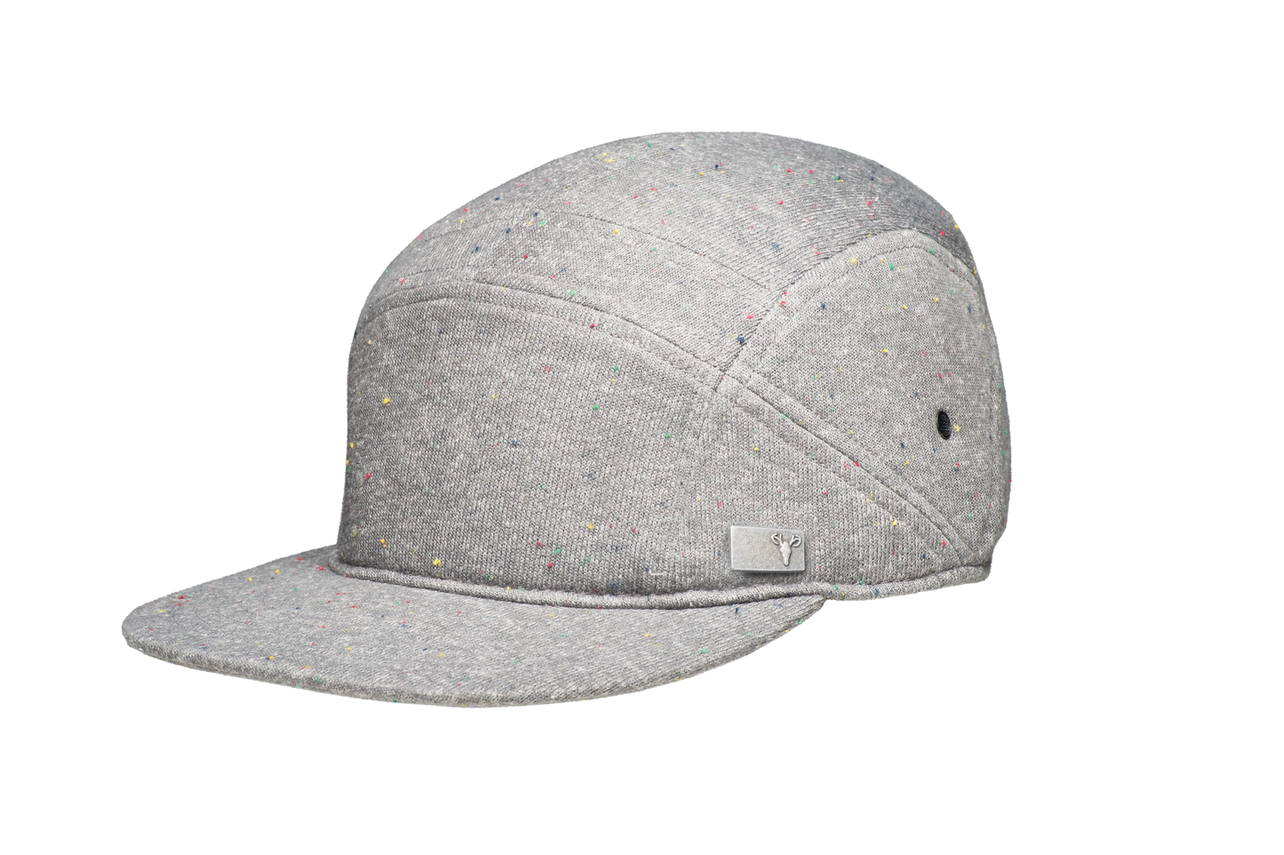 Unisex camp hat with metal plate branding on crown side in H. Charcoal