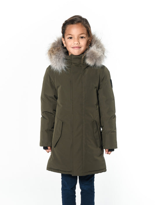 Kids' thigh length down-filled parka with non-removable hood and removable coyote fur trim in Fatigue + Fatigue