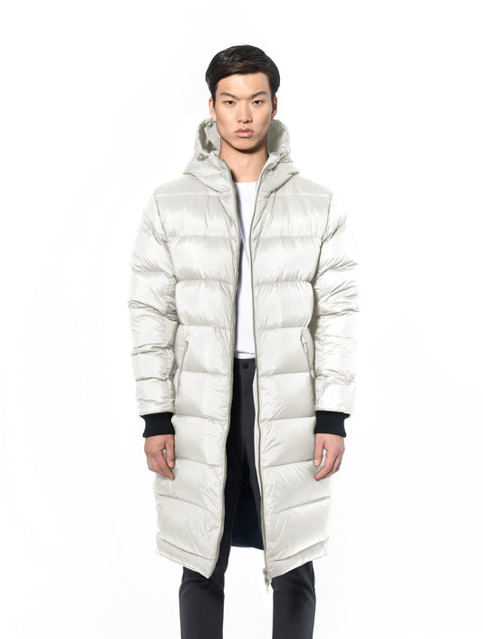 Men's knee length reversible down-filled parka with non-removable hood in Chalk + Chalk
