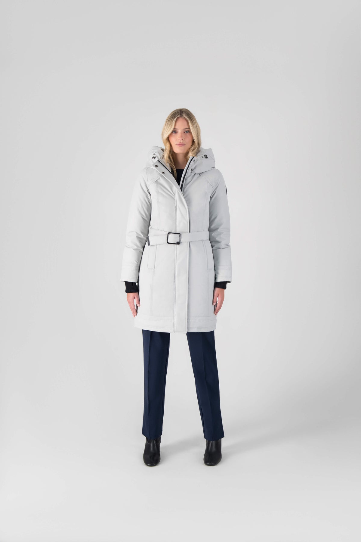 Women's Thigh length own parka with a furless oversized hood in Light Grey