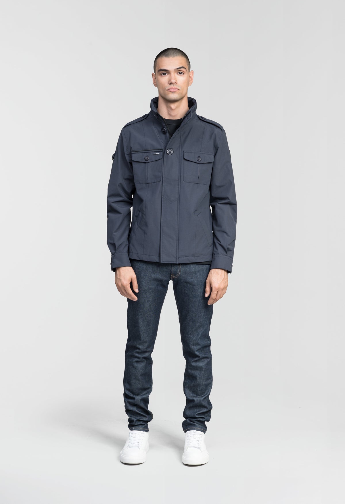 Men's waist length military style jacket in Navy