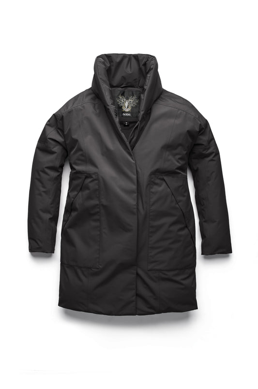 Women's down filled parka with cocoon silhouette and a beautiful shawl collar in Black + Black