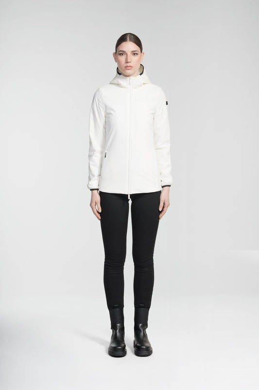 Ladies hip length mid layer jacket with non-removable hood and two-way zipper in Chalk + Chalk