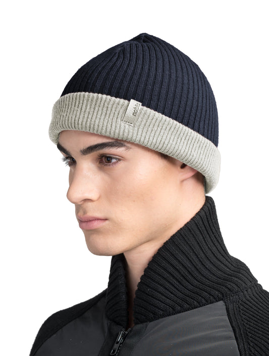 Ardn Unisex Tailored Reversible Knit Beanie in an extra fine merino wool blend, fitted rib knit, and reversible design, in Navy/Wheat + Navy/Wheat