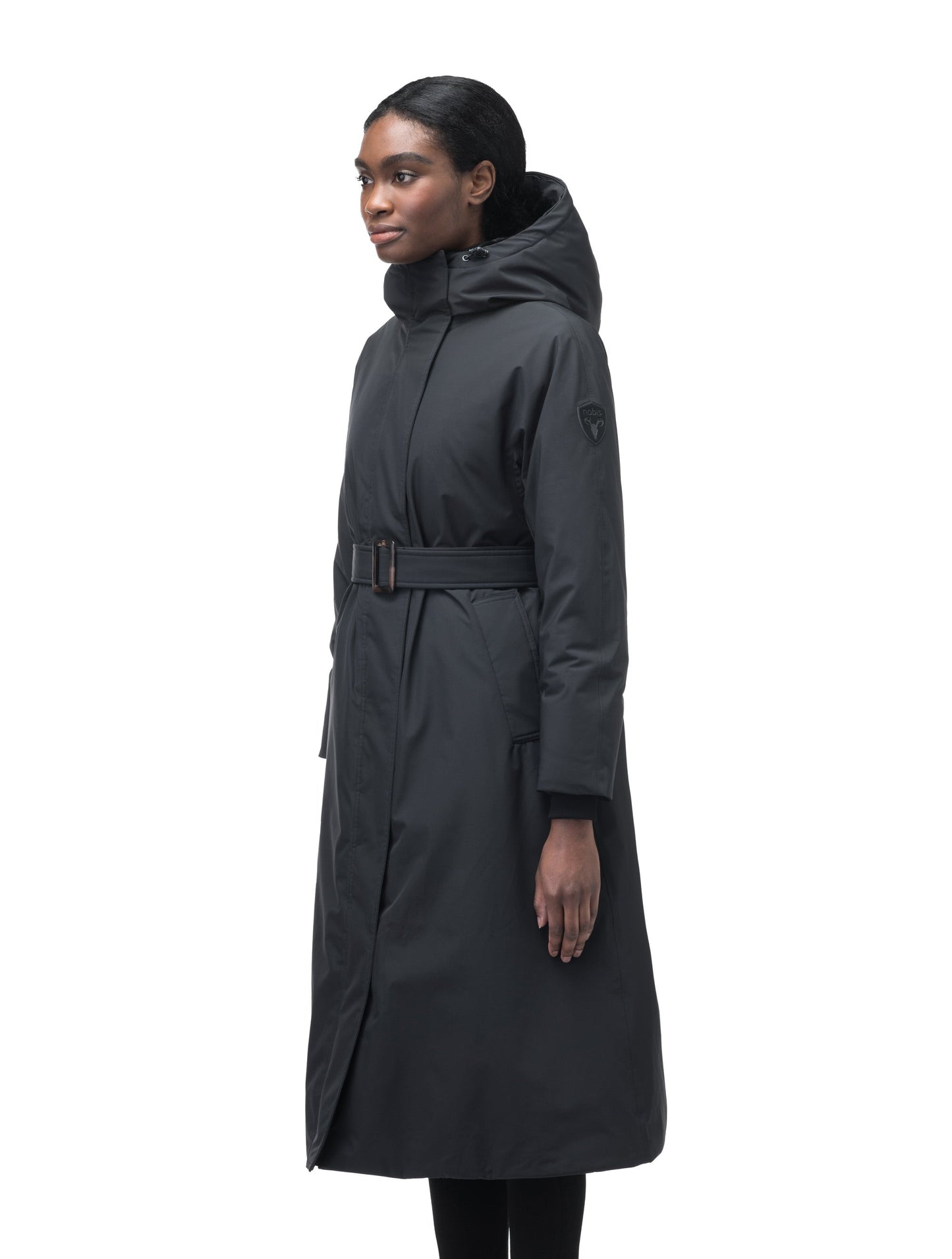 Women's knee length down filled parka with non-removable hood and adjustable belt in Black