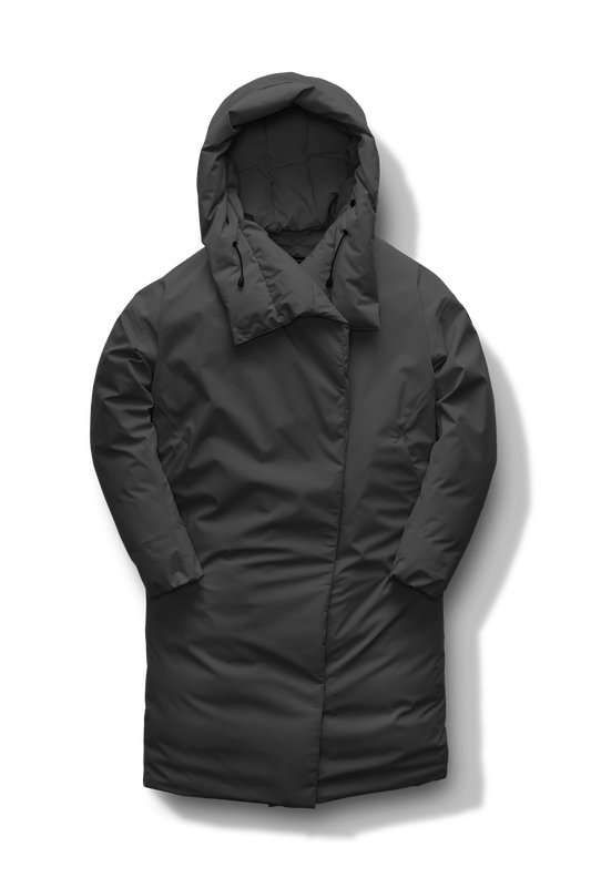 Axis Ladies Oversized Coat in knee length, Canadian duck down insulation, and two-way front zipper, in Black + Black