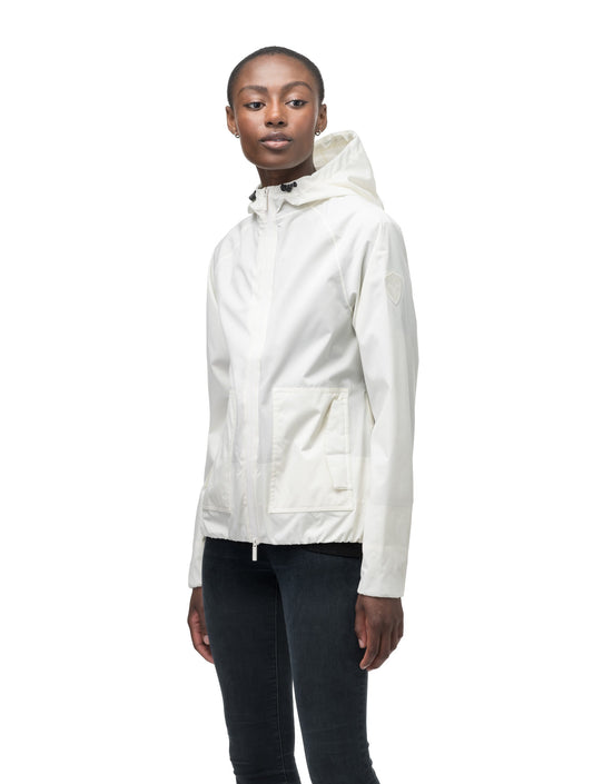 Women's hip length waterproof jacket with non-removable hood and two-way zipper in Chalk + Chalk