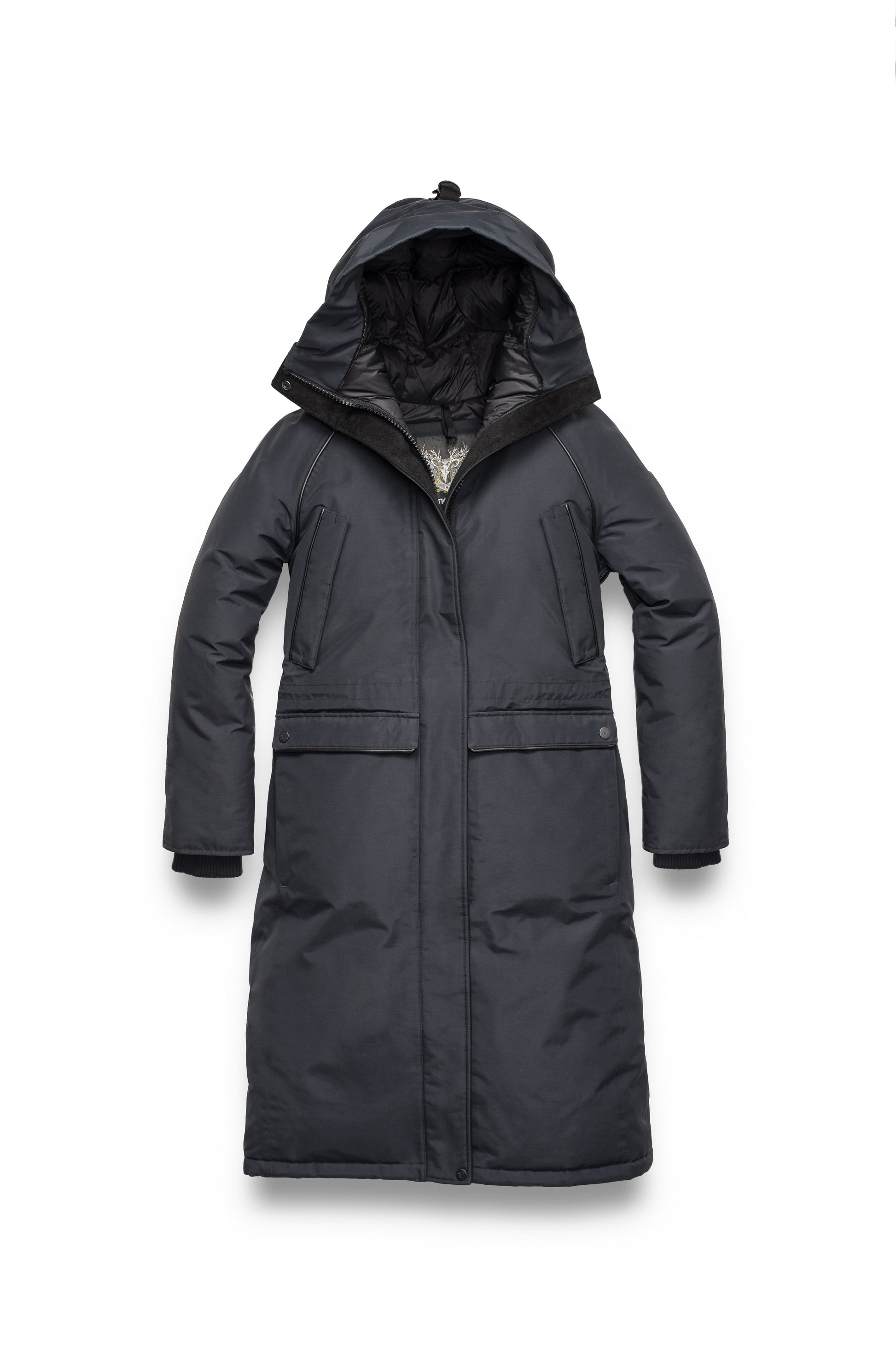 Ladies knee length down-filled parka with four exterior pockets, and a non-removable hood with detachable fur trim in Black