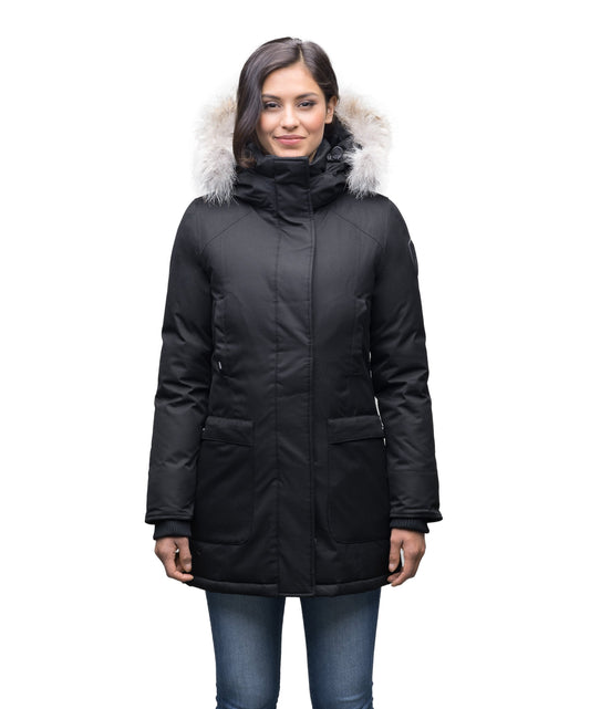 Women's down filled parka that sits just below the hip with a clean look and two hip patch pockets in CH Black + CH Black