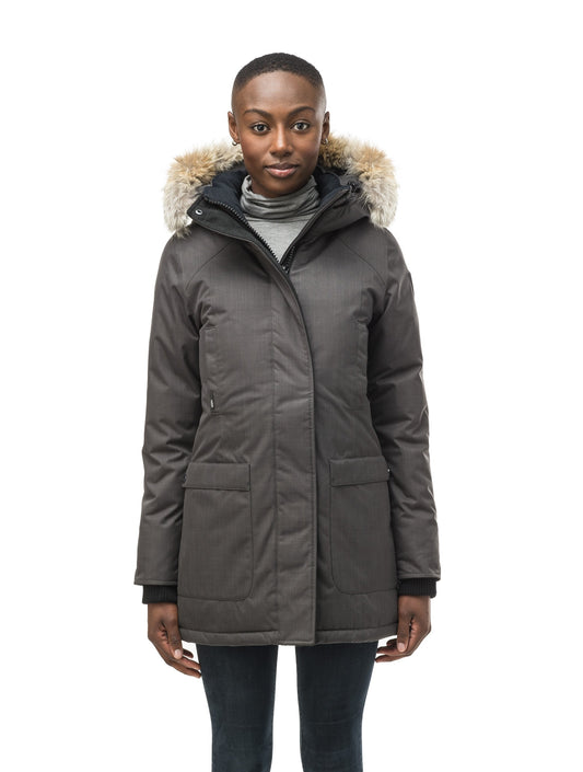 Women's down filled parka that sits just below the hip with a clean look and two hip patch pockets in CH Steel Grey + CH Steel Grey