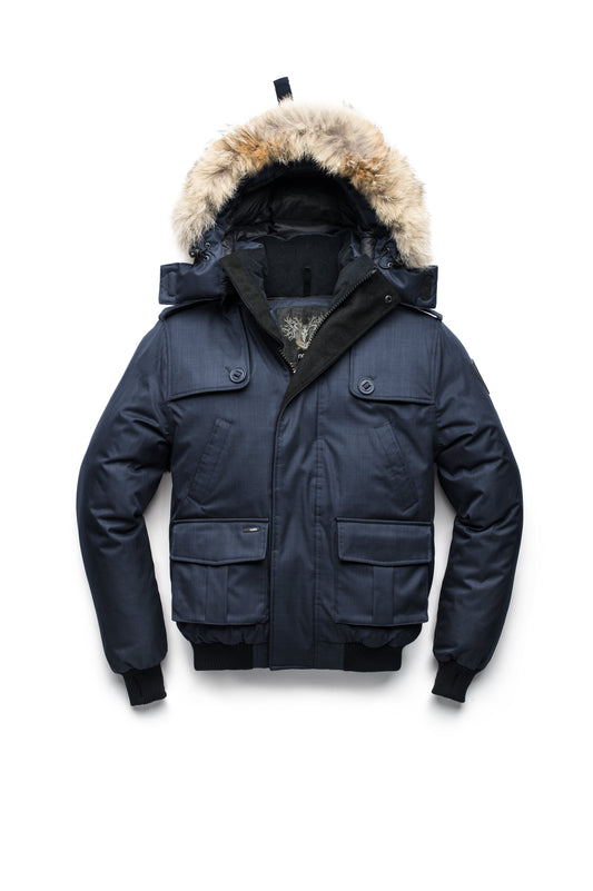 Men's down filled bomber that sits just above the hips with a completely removable hood that's windproof, waterproof, and breathable in CH Navy + CH Navy
