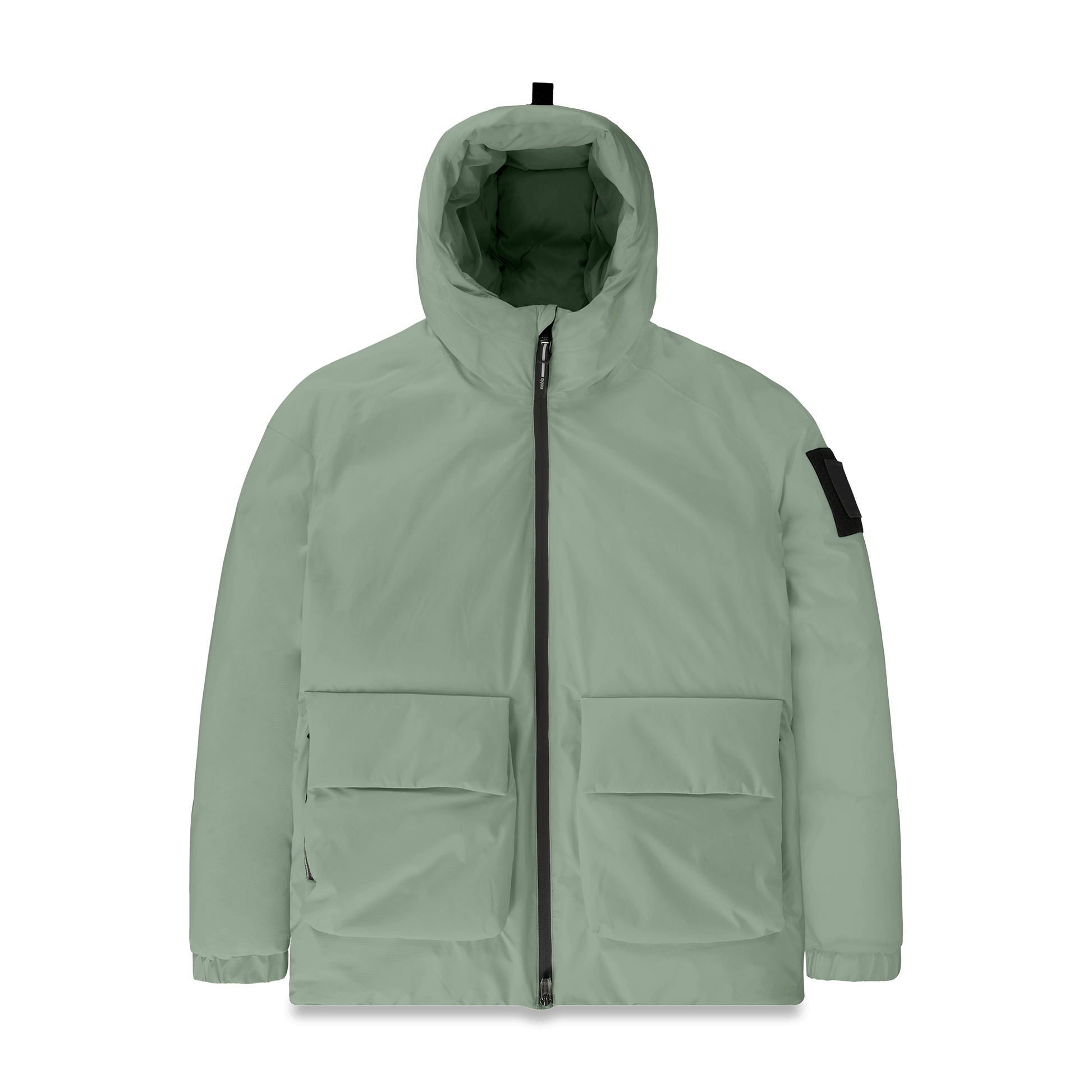 Dixon jacket in Duck Green stretch ripstop fabric with DWR coating, large bellow pockets with magnetic flaps, hidden side-entry zipper pockets, and adjustable cuffs and hem for a tailored fit. Durable, weather-resistant, and versatile.