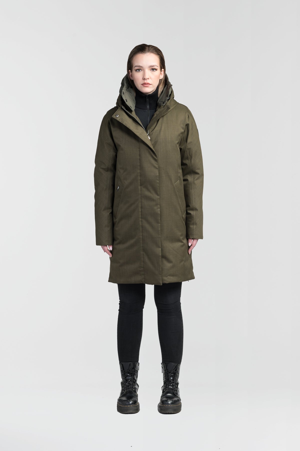 Dory Women's Tailored Back Zip Parka in knee length, premium Crosshatch fabrication, Premium Canadian White Duck Down insulation, non-removable down-filled hood, removable interior hood, centre front two-way zipper with wind flap, vertical zipper detailing along back, in Fatigue