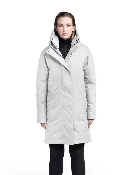 Dory Women's Tailored Back Zip Parka in knee length, premium Crosshatch fabrication, Premium Canadian White Duck Down insulation, non-removable down-filled hood, removable interior hood, centre front two-way zipper with wind flap, vertical zipper detailing along back, in Concrete