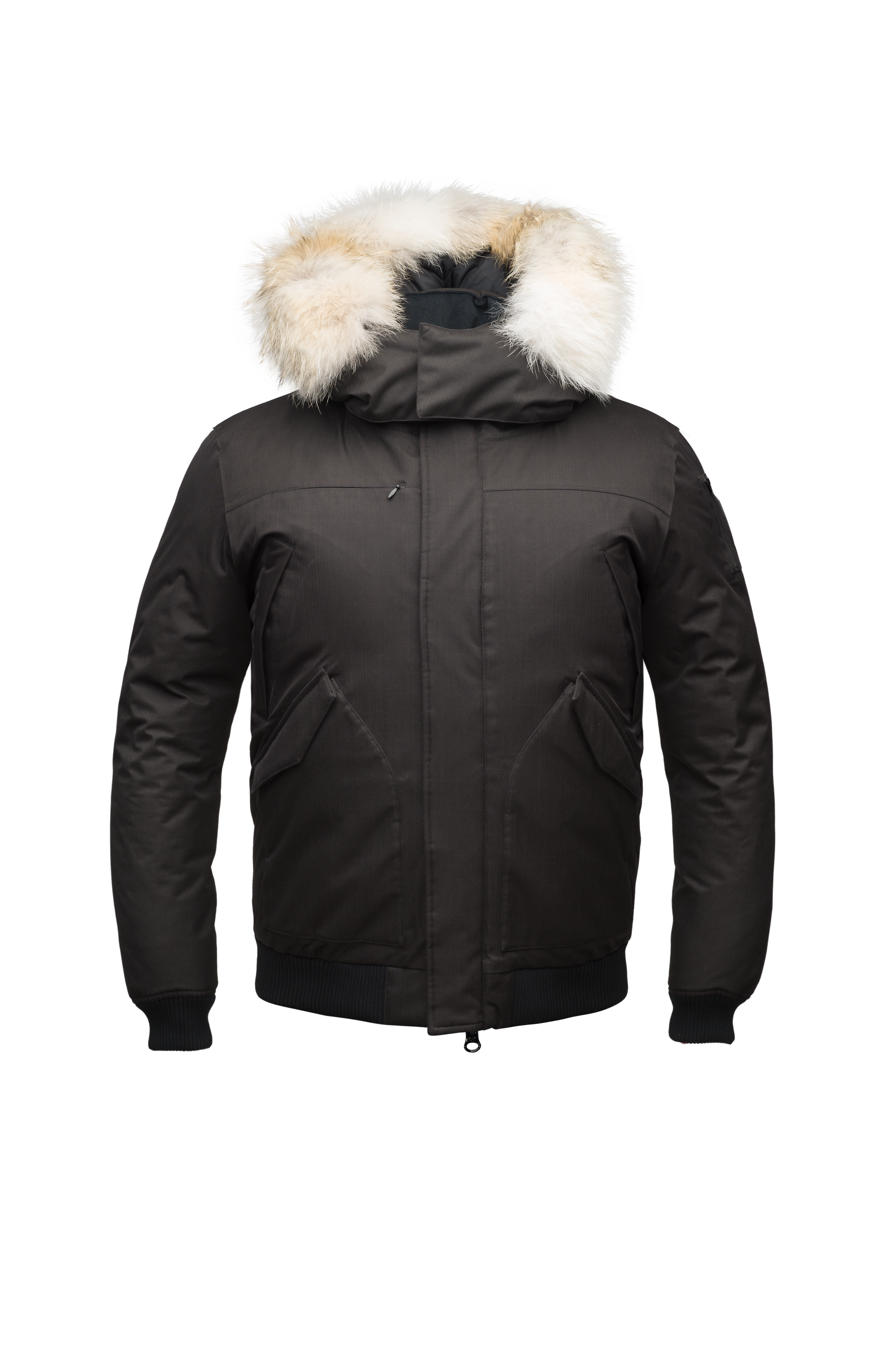 Men's classic down filled bomber jacket with a down filled hood that features a removable coyote fur trim and concealed moldable framing wire in Black