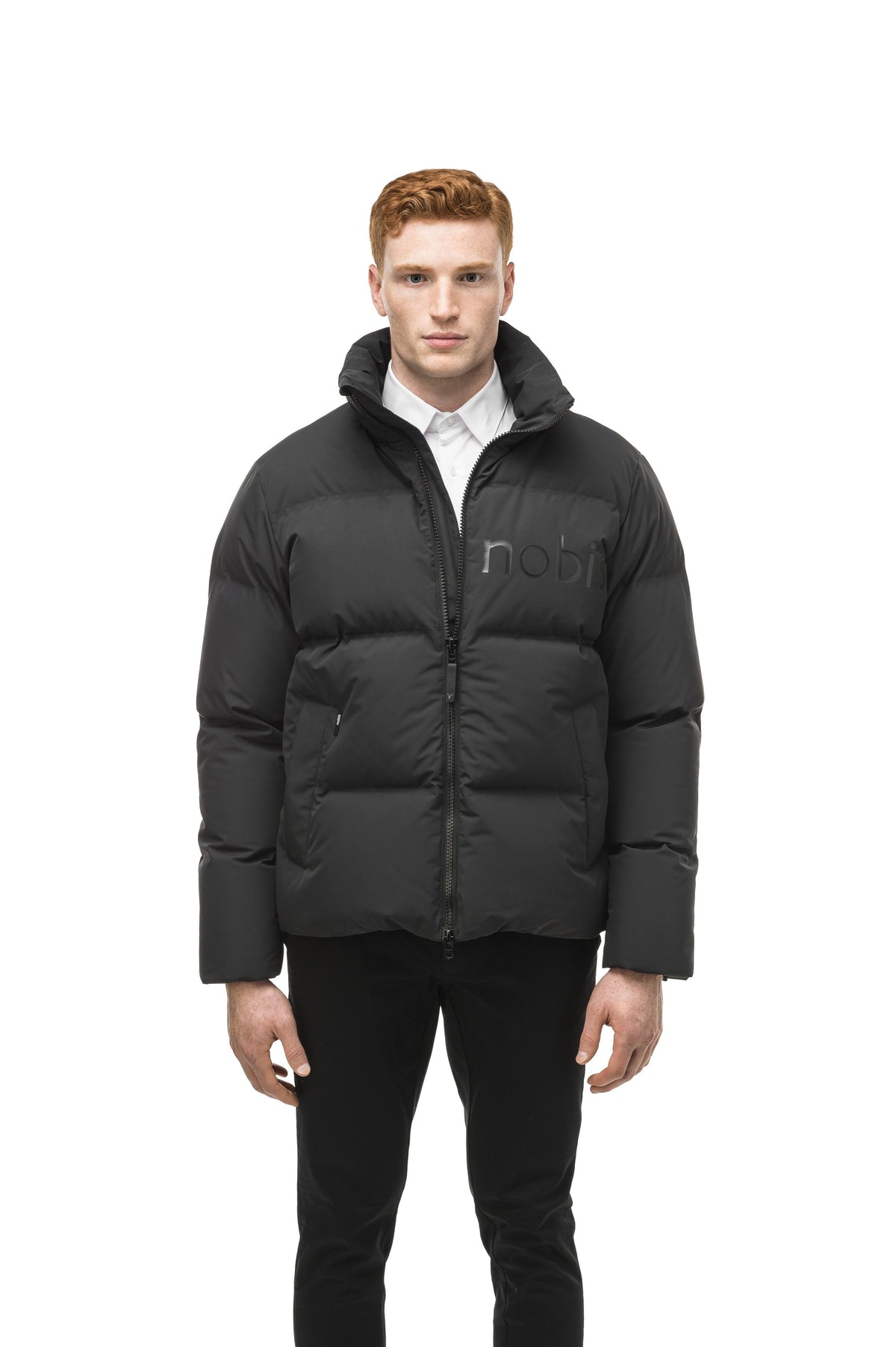 Men's puffer jacket with a minimalist modern design; featuring graphic details like oversized tonal branding, an exposed zipper, and seamless puffer channels in Black