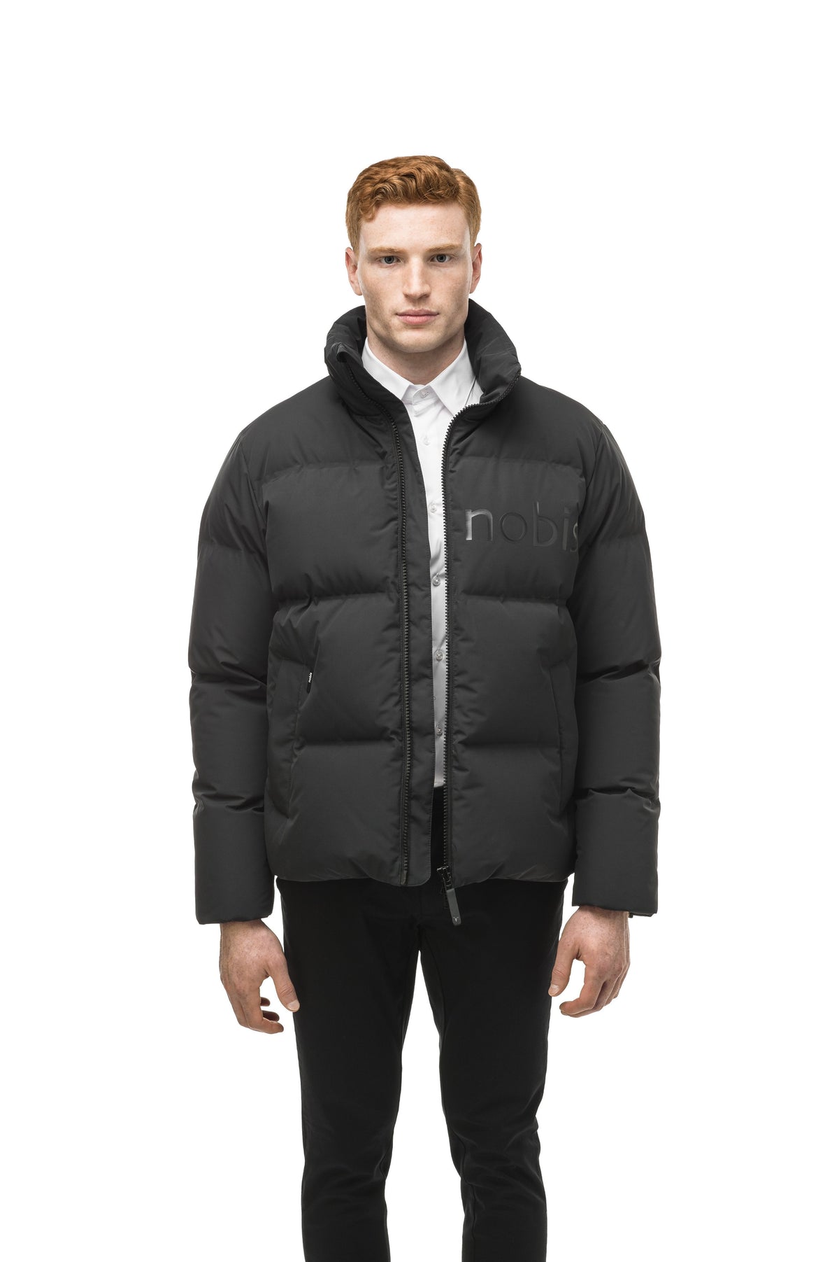 Men's puffer jacket with a minimalist modern design; featuring graphic details like oversized tonal branding, an exposed zipper, and seamless puffer channels in Black