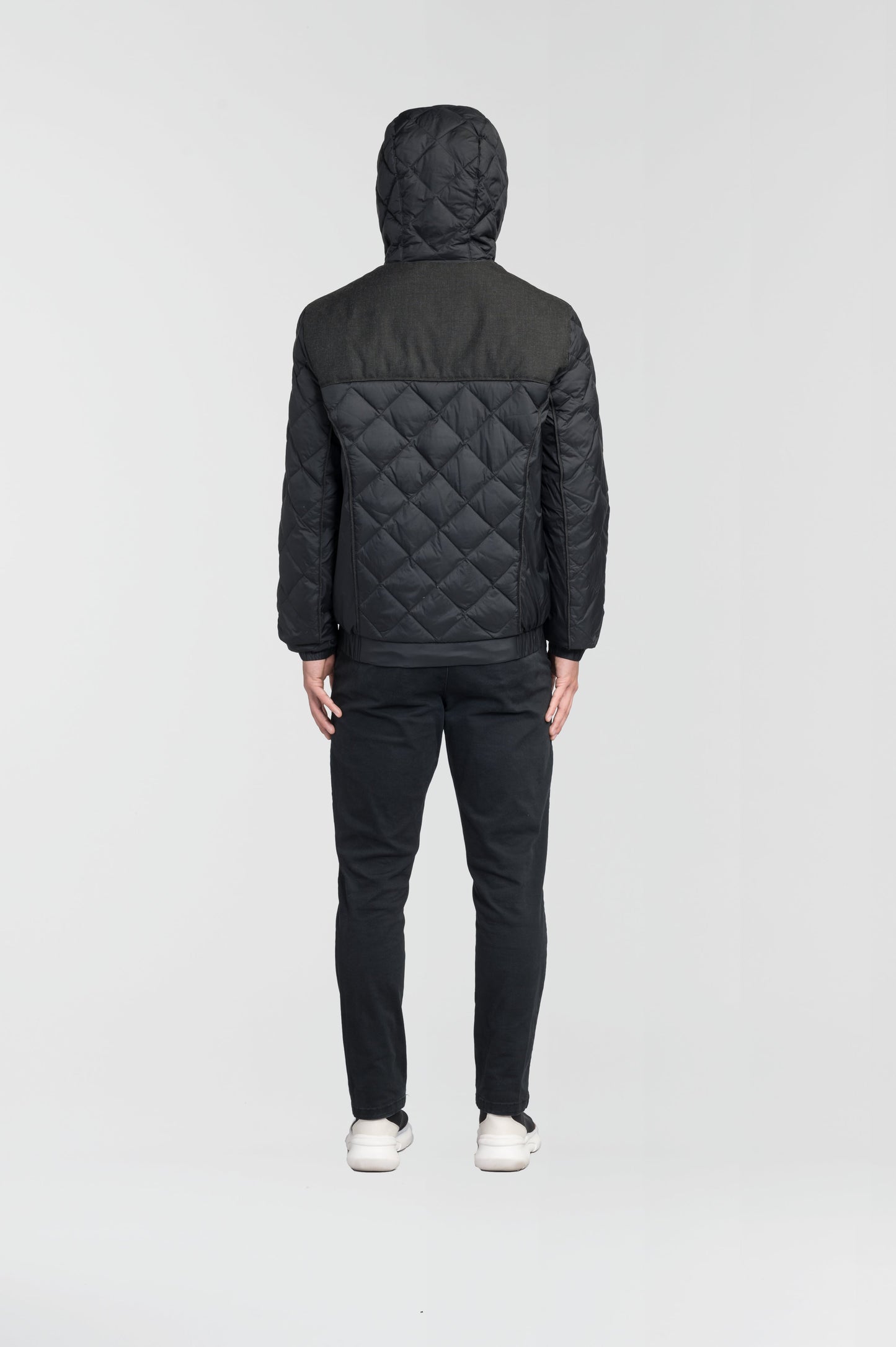 Men's lightweight quilted down hoodie in Black/H. Black