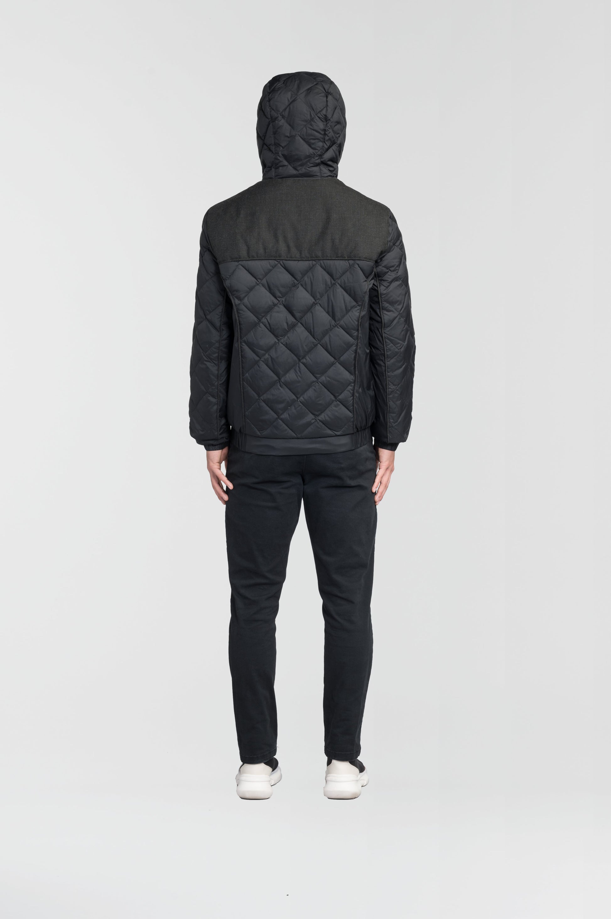 Men's lightweight quilted down hoodie in Black/H. Black