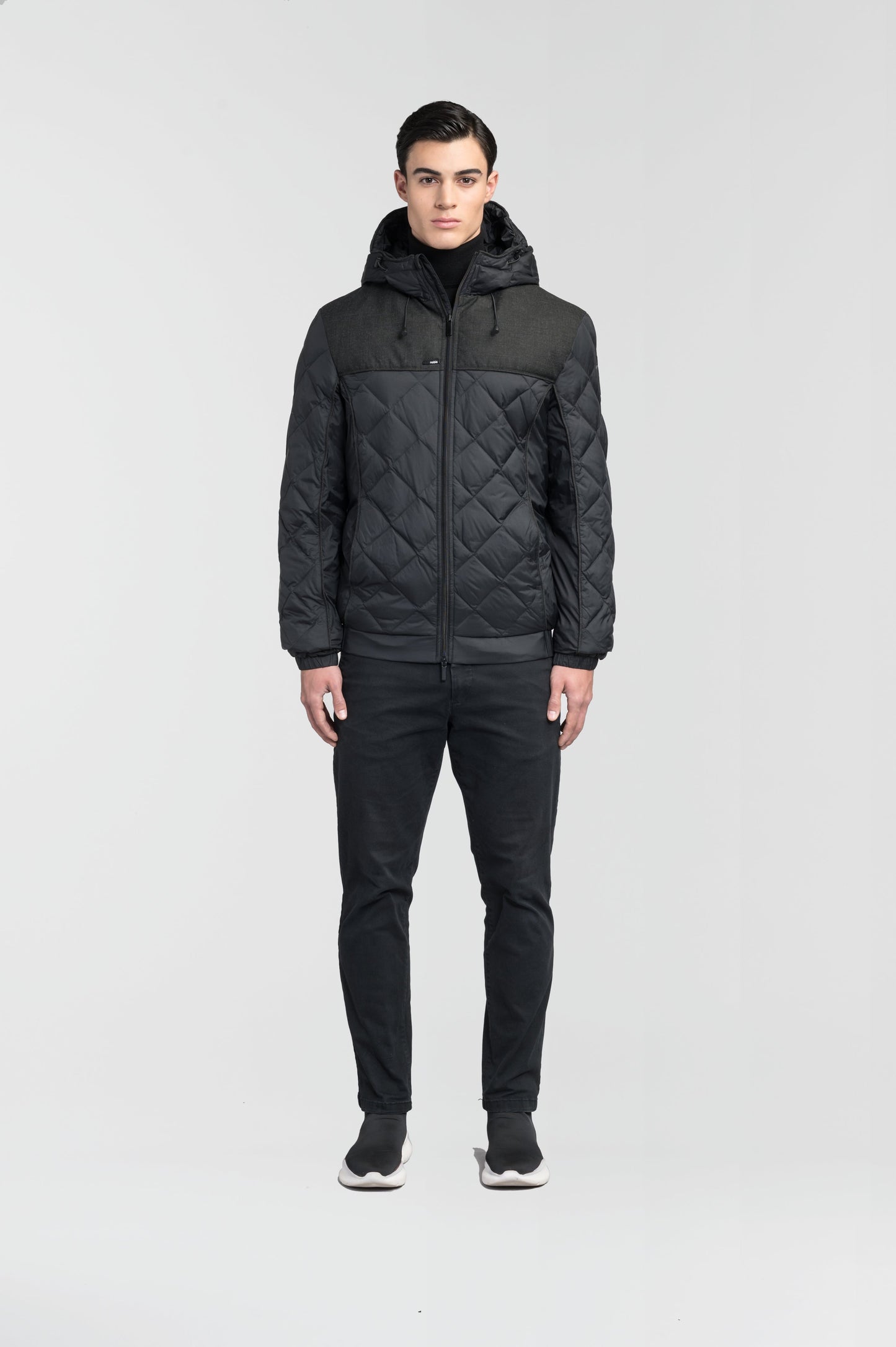 Men's lightweight quilted down hoodie in Black/H. Black