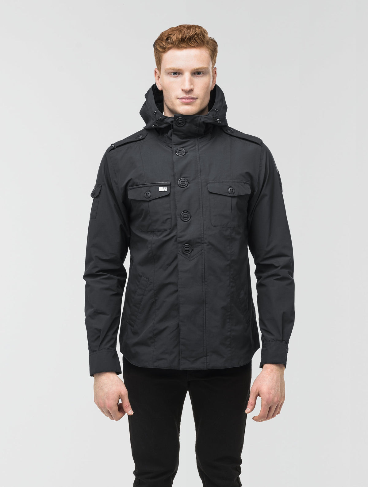 Men's hooded shirt jacket with patch chest pockets in Black