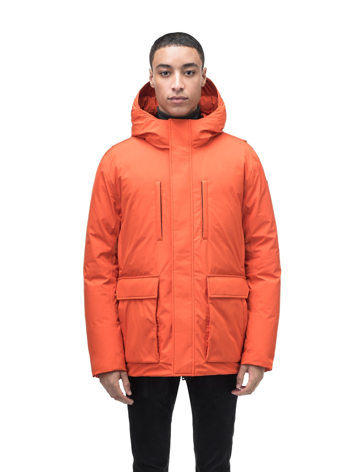 Geo Men's Short Parka in hip length, Canadian duck down insulation, non-removable hood, and two-way zipper, in Terracotta