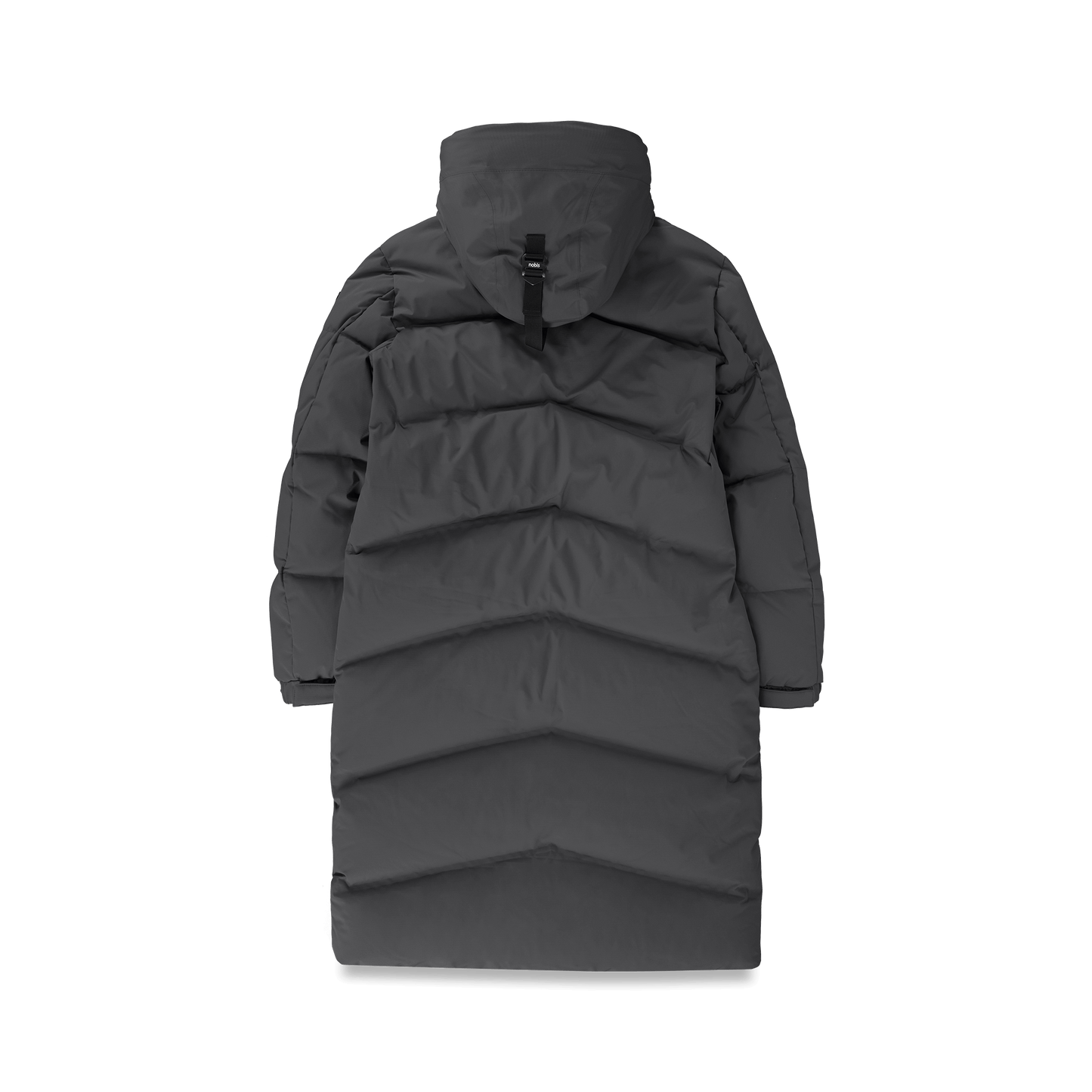 Granger long jacket in Black stretch ripstop fabric with DWR coating, insulated with Canadian white duck down and Primaloft. Features a two-way zipper, magnetic closure, and adjustable cuffs for warmth and weather protection.