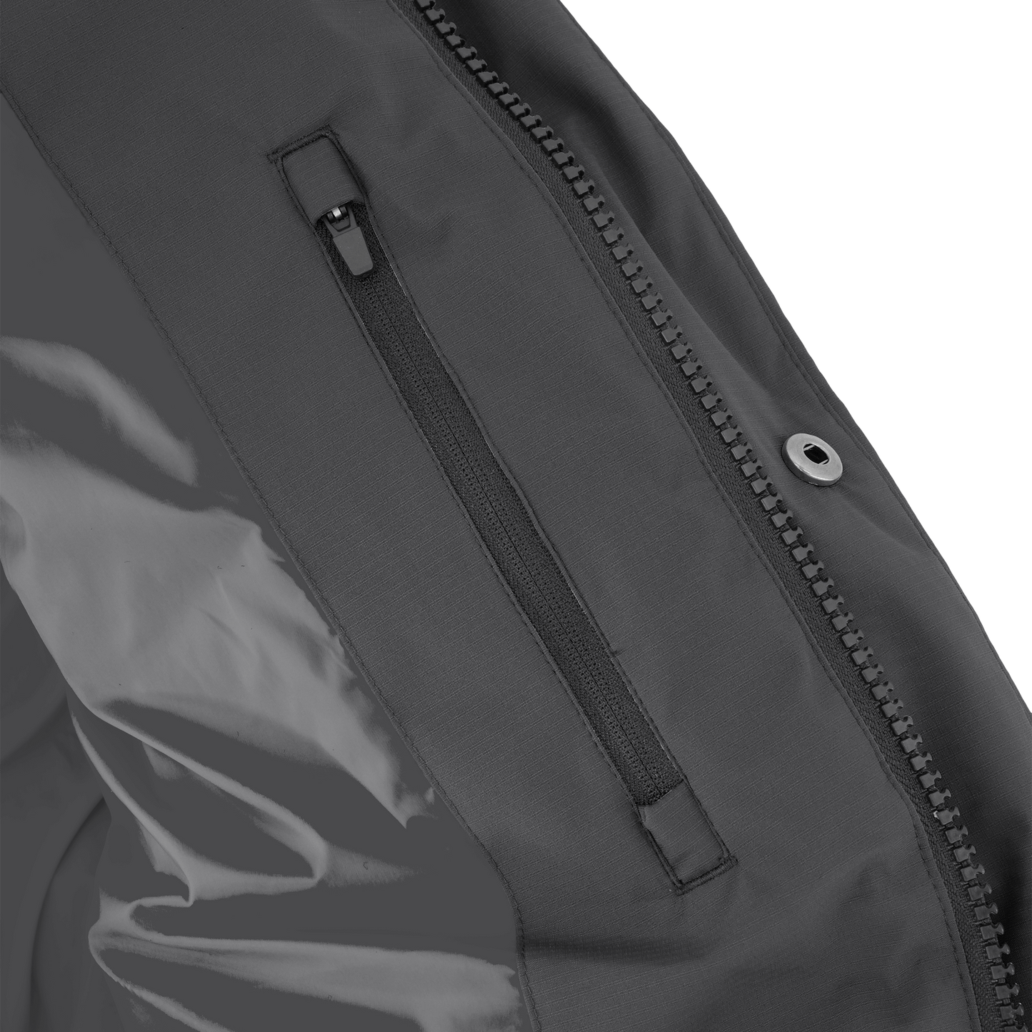 Granger long jacket in Black stretch ripstop fabric with DWR coating, insulated with Canadian white duck down and Primaloft. Features a two-way zipper, magnetic closure, and adjustable cuffs for warmth and weather protection.