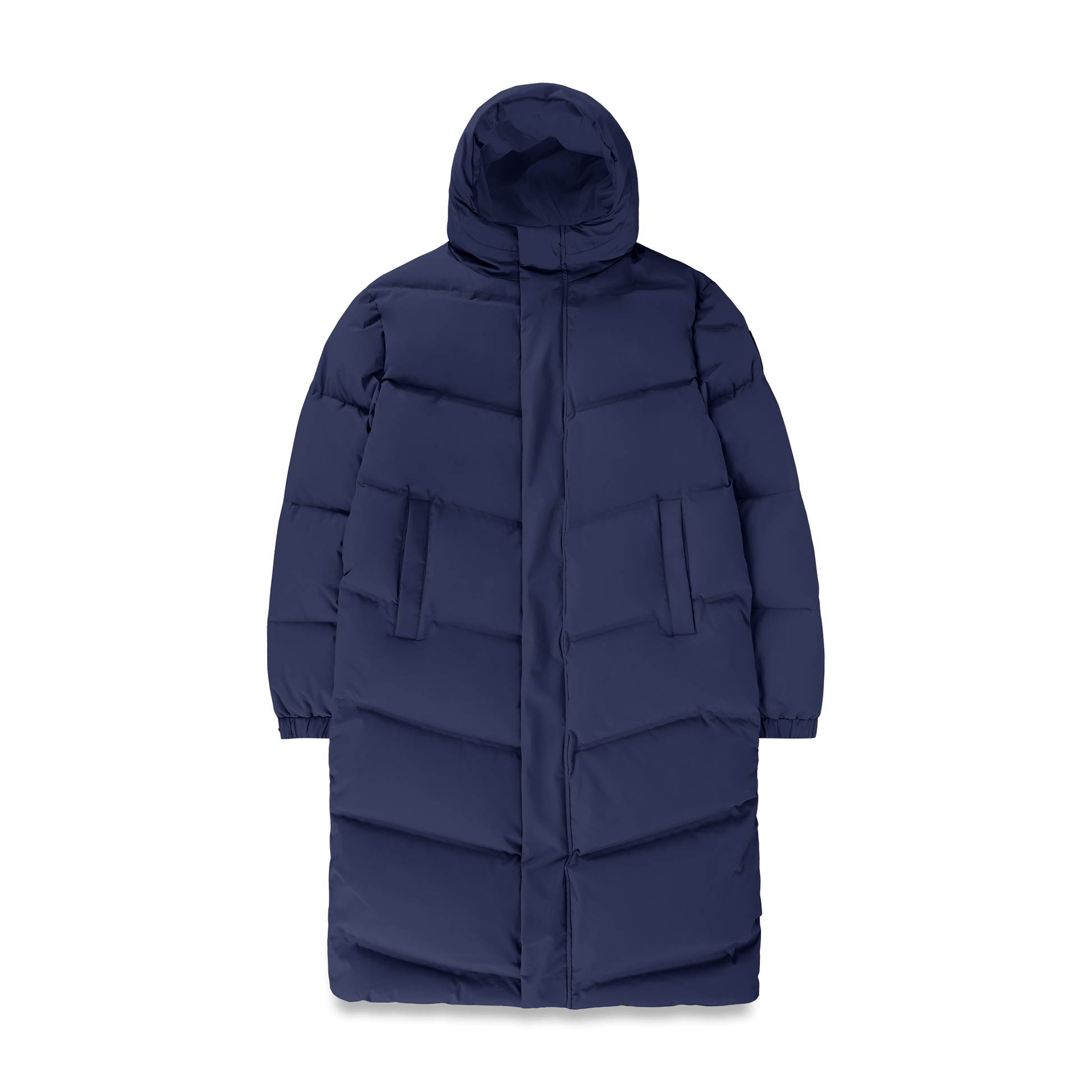 Granger long jacket in Marine stretch ripstop fabric with DWR coating, insulated with Canadian white duck down and Primaloft. Features a two-way zipper, magnetic closure, and adjustable cuffs for warmth and weather protection.