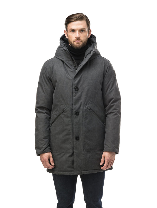 Men's fur free hooded parka with zipper and button closure placket featuring two oversized front pockets in H. Charcoal + H. Charcoal
