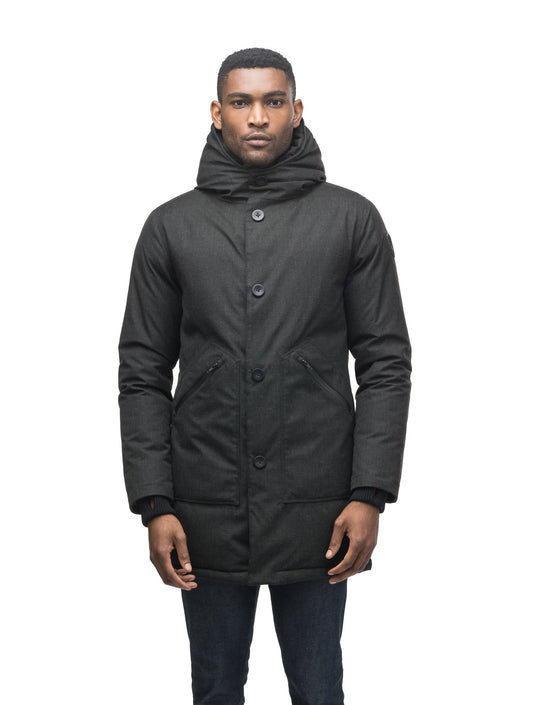 Men's fur free hooded parka with zipper and button closure placket featuring two oversized front pockets in H. Black + H. Black