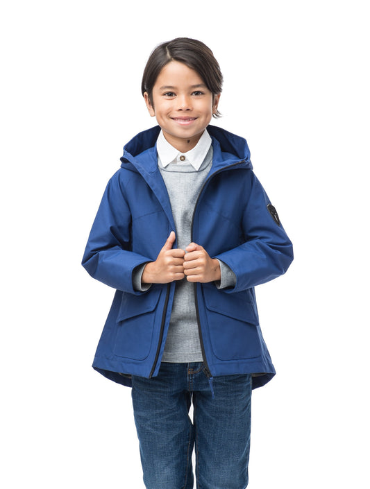 Kid's hip length fishtail rain jacket with hood in Royal + Royal