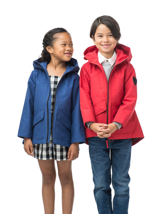 Kid's hip length fishtail rain jacket with hood in Red + Red