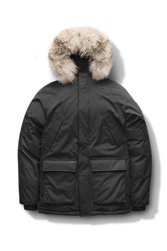Men's waist length down filled jacket with two front pockets with magnetic closure and a removable fur trim on the hood in CH Black + CH Black