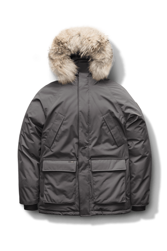 Men's waist length down filled jacket with two front pockets with magnetic closure and a removable fur trim on the hood in CH Steel Grey + CH Steel Grey