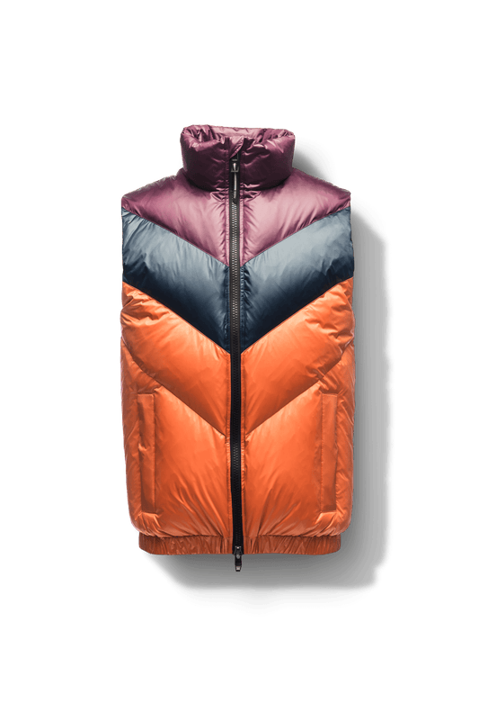 Kylo Men's Chevron Quilted Vest in hip length, premium cire technical nylon taffeta fabrication, Premium Canadian origin White Duck Down insulation, two-way centre-front zipper, fleece-lined pockets at waist, elasticized waistband, in Burnt Orange + Burnt Orange