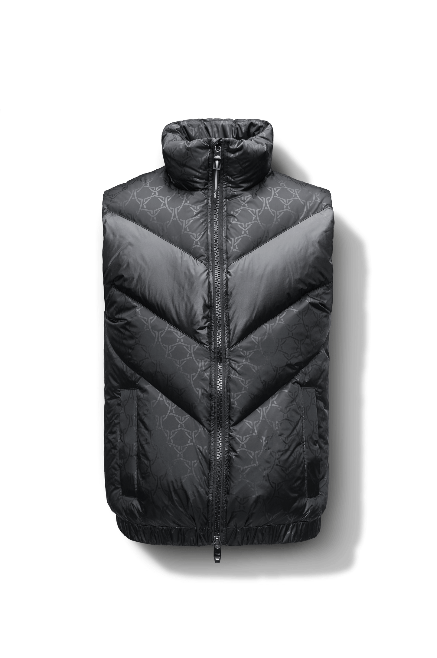 Kylo Men's Chevron Quilted Vest in hip length, premium cire technical nylon taffeta fabrication, Premium Canadian origin White Duck Down insulation, two-way centre-front zipper, fleece-lined pockets at waist, elasticized waistband, in Shield Monogram