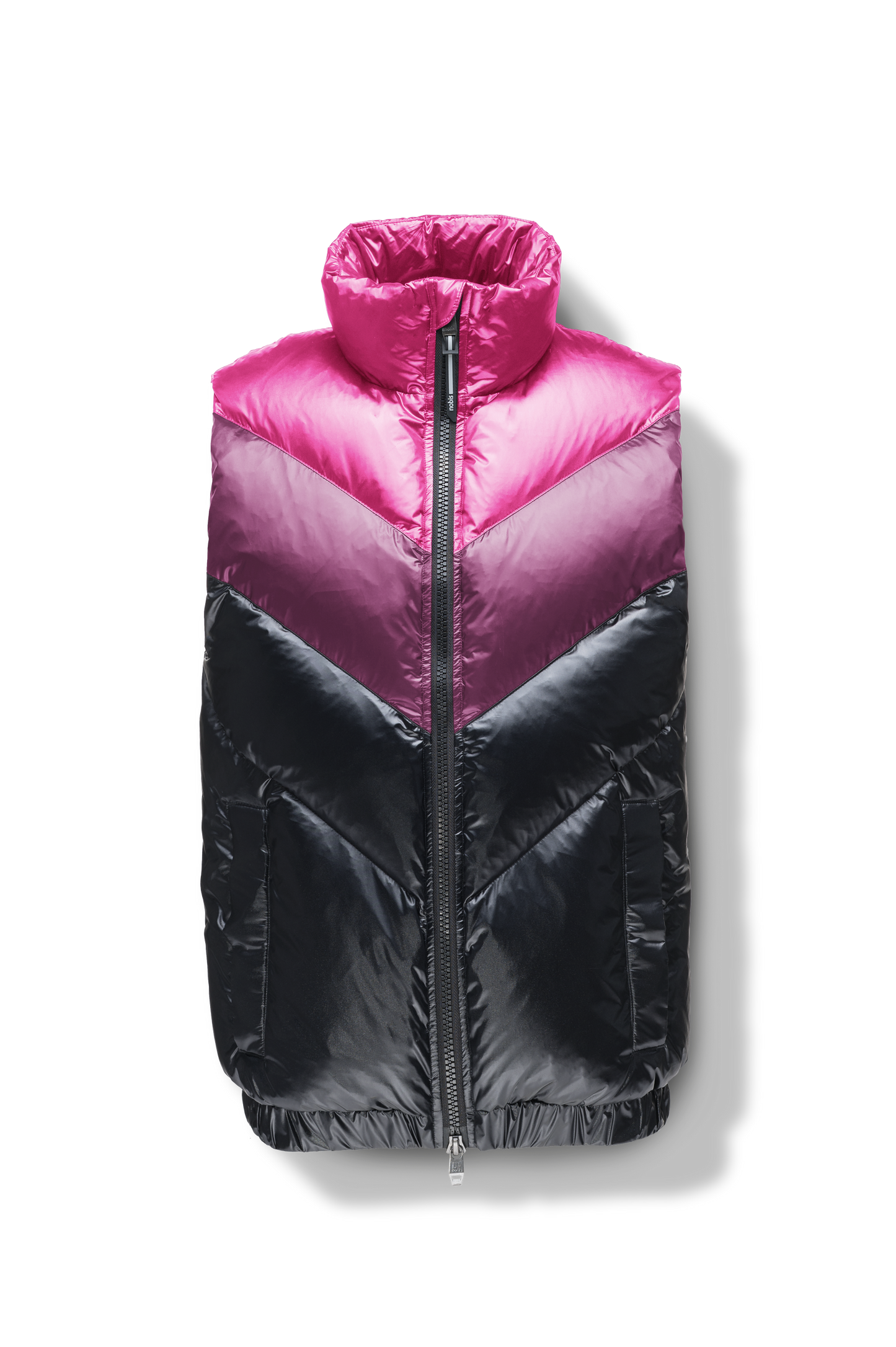 Kylo Men's Chevron Quilted Vest in hip length, premium cire technical nylon taffeta fabrication, Premium Canadian origin White Duck Down insulation, two-way centre-front zipper, fleece-lined pockets at waist, elasticized waistband, in Festival Fuschia/Potent Purple