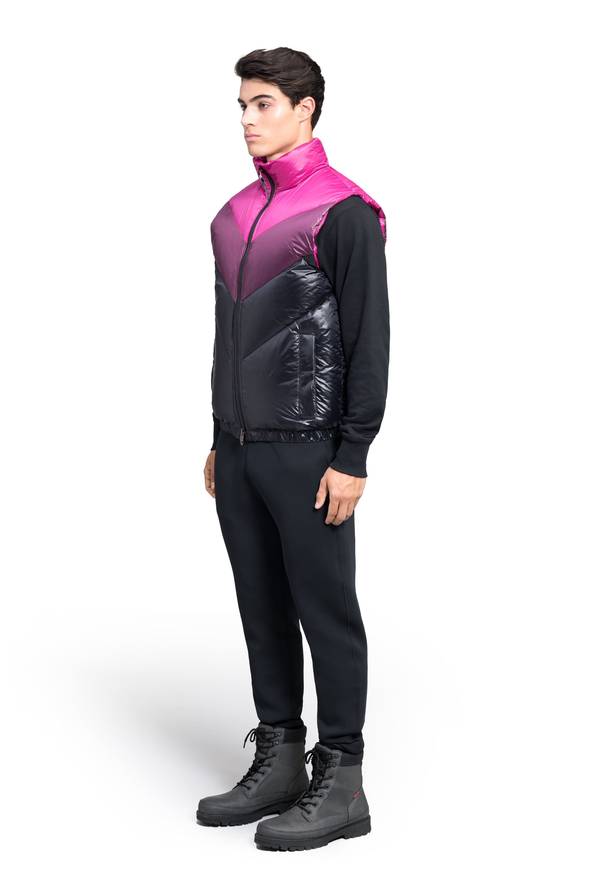 Kylo Men's Chevron Quilted Vest in hip length, premium cire technical nylon taffeta fabrication, Premium Canadian origin White Duck Down insulation, two-way centre-front zipper, fleece-lined pockets at waist, elasticized waistband, in Festival Fushia/Potent Purple