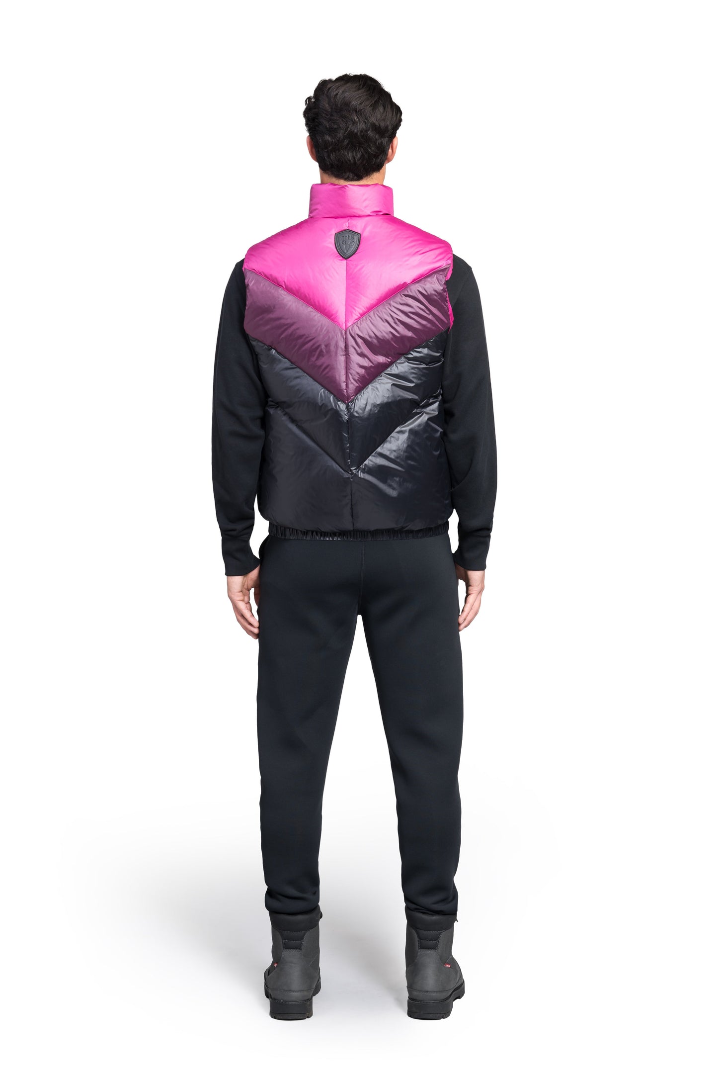 Kylo Men's Chevron Quilted Vest in hip length, premium cire technical nylon taffeta fabrication, Premium Canadian origin White Duck Down insulation, two-way centre-front zipper, fleece-lined pockets at waist, elasticized waistband, in Festival Fushia/Potent Purple