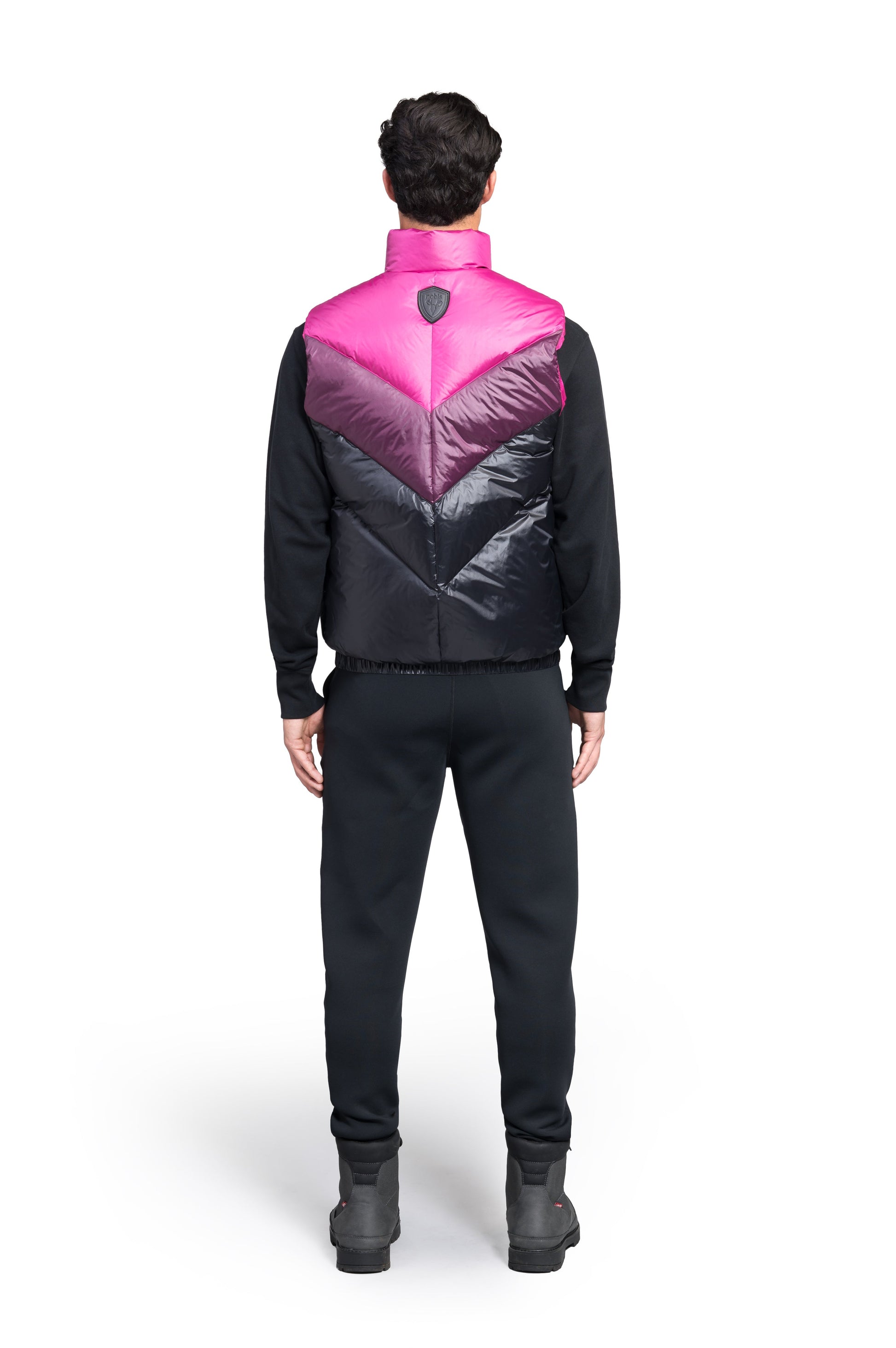 Kylo Men's Chevron Quilted Vest in hip length, premium cire technical nylon taffeta fabrication, Premium Canadian origin White Duck Down insulation, two-way centre-front zipper, fleece-lined pockets at waist, elasticized waistband, in Festival Fushia/Potent Purple