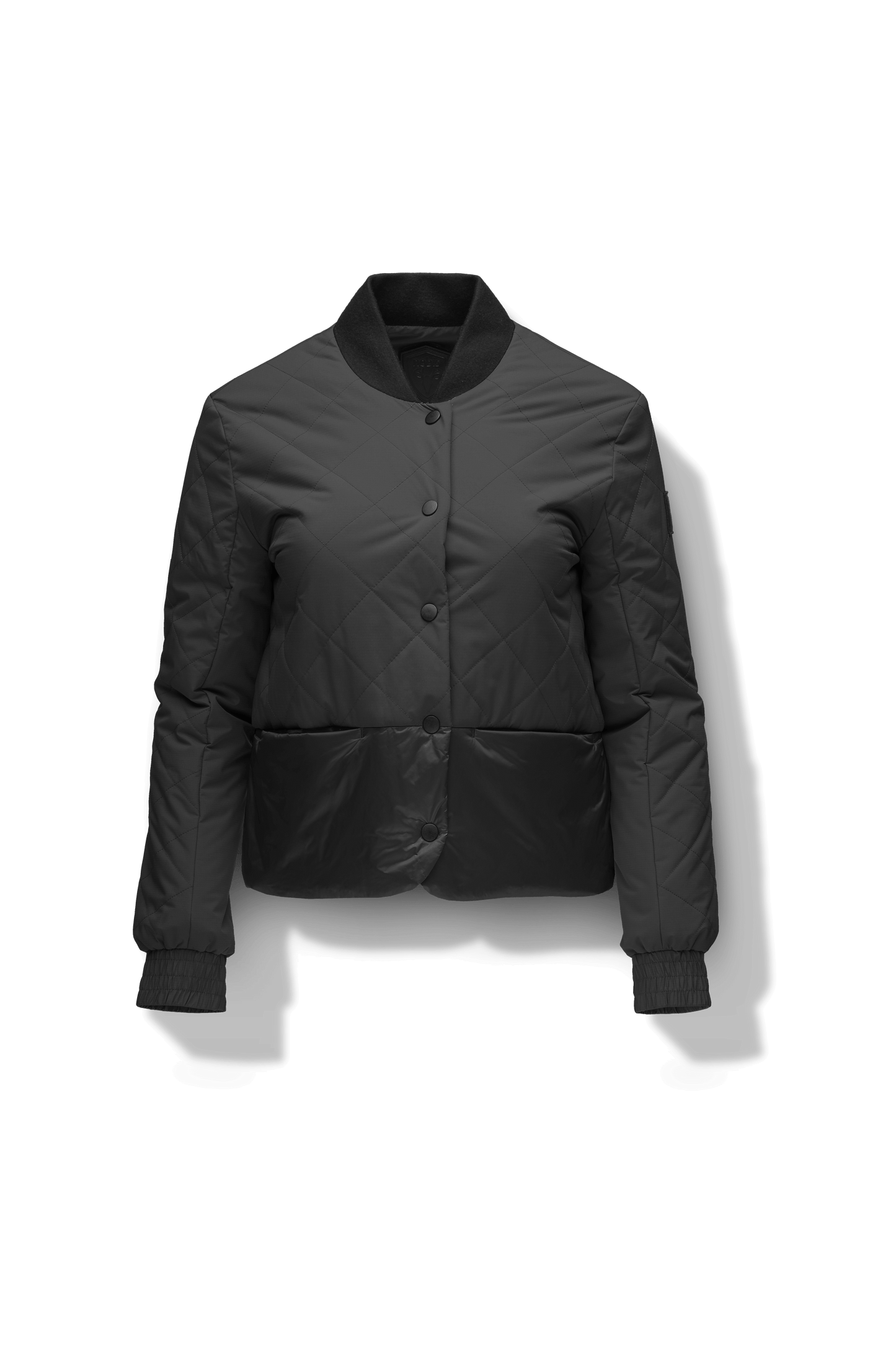 Lexi Women's Reversible Midlayer Jacket in waist length, premium stretch ripstop and contrast cire technical nylon taffeta fabrication, premium 4-way stretch, water resistant Primaloft Gold Insulation Active+, snap button closure at centre front, exterior magnetic closure pockets at sides, elasticized cuff details, and reversible from a quilted or smooth outer shell, in Black