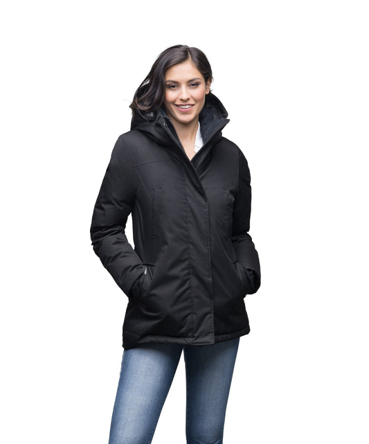 Women's hip length down filled parka with non-removable hood in CH Black + CH Black