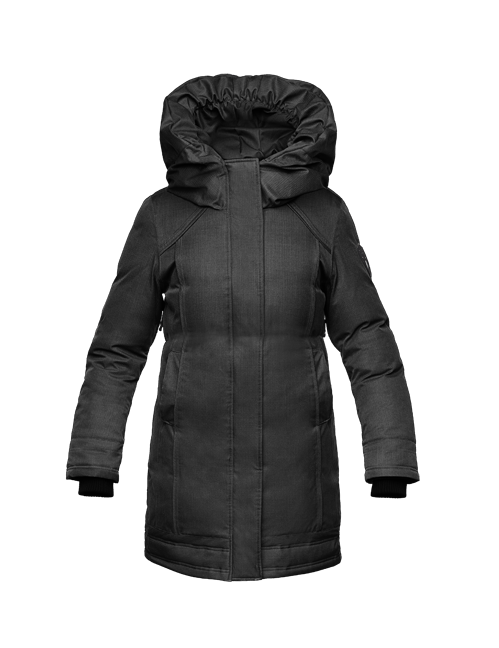 Kid's knee length down coat with fur free hood in Black + Black