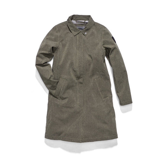 Women's thigh length collared rain jacket in Army Green + Army Green