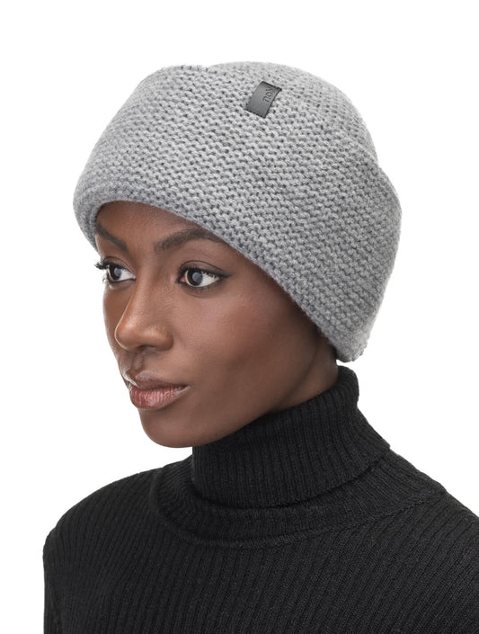 Mira Unisex Purl Knit Beanie in superfine merino wool and cashmere, and Nobis leather label at cuff, in Storm + Storm