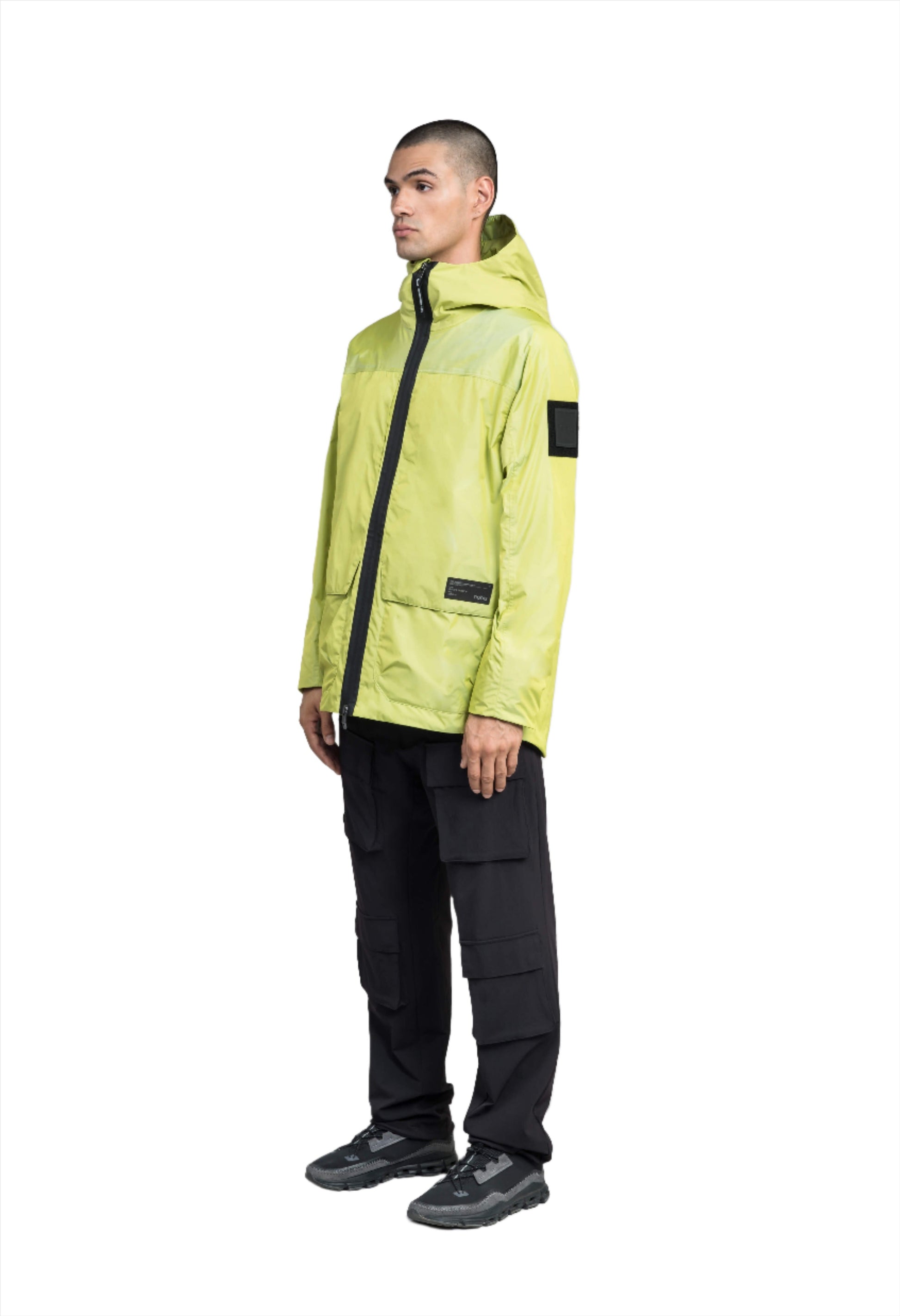 Mission Men's Performance Rain Shell Jacket in hip length, non-removable hood with adjustable toggle, two-way waterproof zipper, flap closure waist pockets with additional side entry storage, zipper ventilation on back, passive underarm ventilation, and breathable mesh lining, in Sulphur Spring