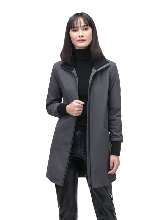 Mora Ladies Mid Layer Rib Neck Jacket in thigh length, Primaloft insulation, ribbing at collar and cuffs, and two-way front zipper, in Steel Grey + Steel Grey